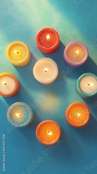 Fototapeta Colorful lit candles arranged in a decorative pattern