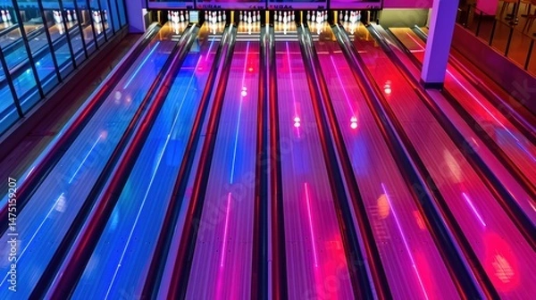 Fototapeta Vibrant colorful bowling alley lanes with dynamic lighting effects