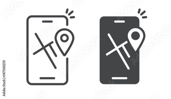 Fototapeta City map route on cell phone mobile app icon line stroke simple pictogram graphic set, solid cellphone smartphone gps navigation sign symbol thin linear illustration set
