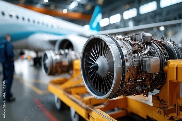 Obraz Jet engine maintenance in aviation hangar on a clear day with technicians working on aircraft