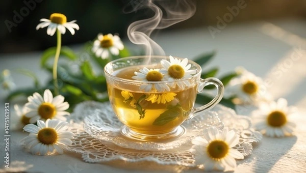 Fototapeta Close-up of chamomile tea in a clear cup surrounded by flowers