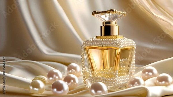 Obraz Perfume bottle placed on a white cloth surface surrounded by pearls creating a clean and luxurious product display
