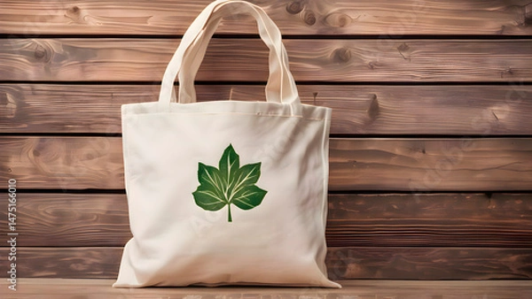 Obraz White eco tote bag with a green leaf design placed on a table in natural light