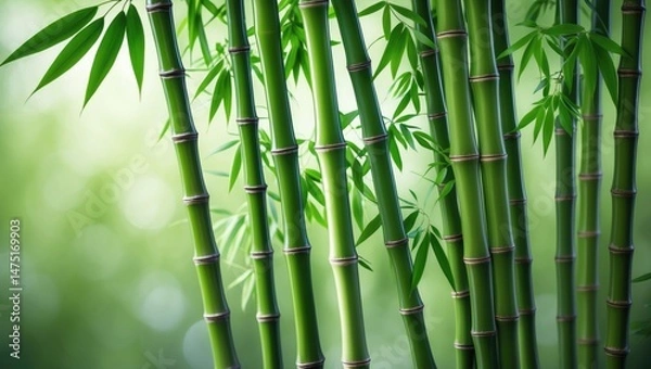 Fototapeta Green bamboo plant with leaves and branches in a natural setting