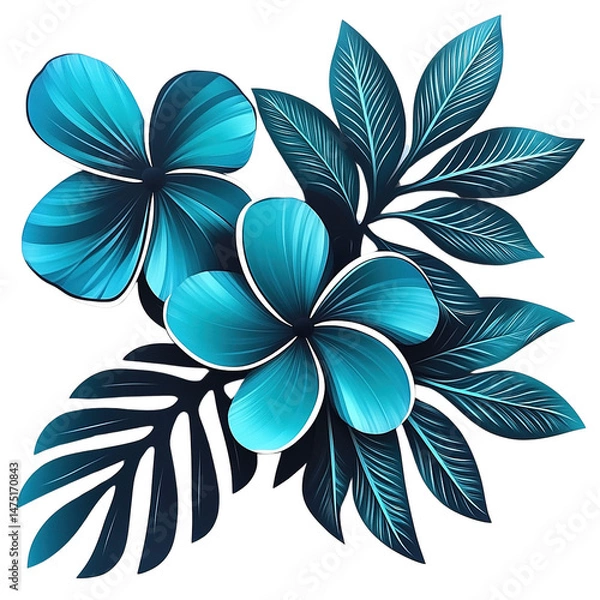 Fototapeta Ethereal botanical arrangement with aqua flowers and stylized dark leaves on black