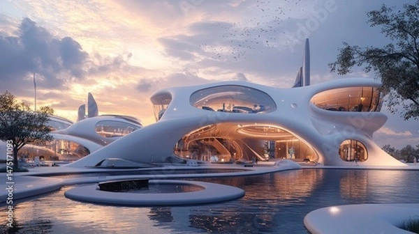 Fototapeta Futuristic architectural complex with organic curves and pools.