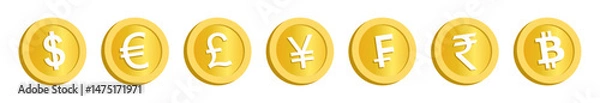 Fototapeta Golden coins with symbols of global currencies Dollar, Rupee, Euro, Yen, Pound, Franc, and Bitcoin. Ideal for finance, banking, forex, and cryptocurrency themes. Vector, icons.