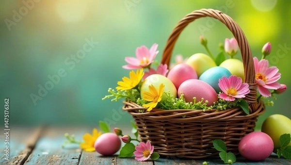Fototapeta Colorful Easter eggs nestled in a spring basket overflowing with vibrant flowers and fresh greenery , faith, pastel