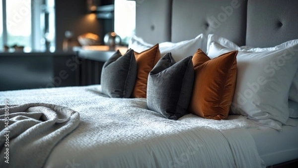Fototapeta Luxurious and minimalist bedroom design with plush pillows, elegant furnishings, and a serene, cozy vibe