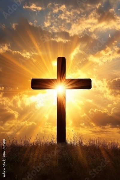 Fototapeta Silhouette of a wooden Christian cross on a hill at sunset with sun rays shining through the clouds religious symbol of faith