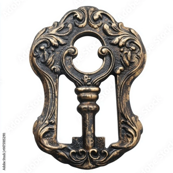 Fototapeta Ornate Key Casting Close Up Isolated on White Background Antique Style Gold and Black Finish Decorative Design