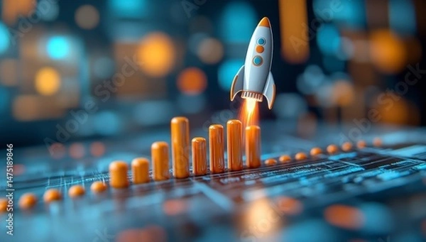 Obraz Rocket takes off over a growing bar graph
