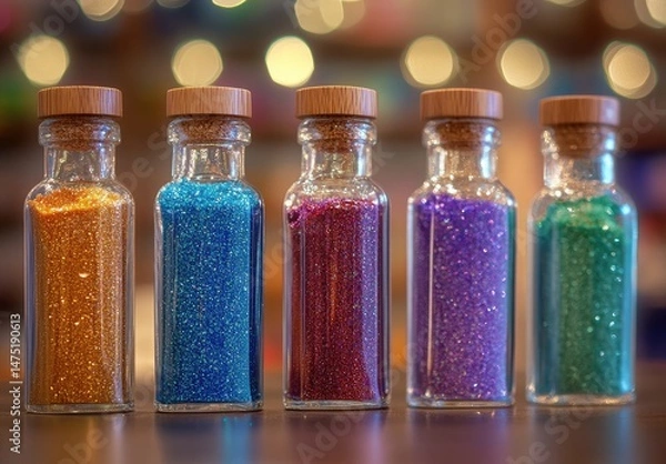 Obraz Five glass jars filled with colorful glitter