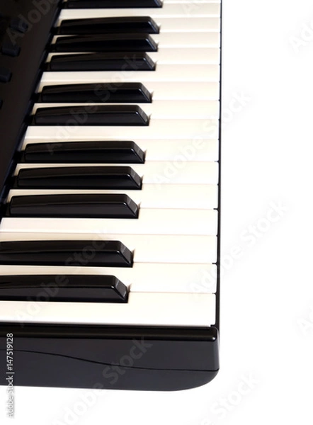 Fototapeta Piano keyboard with white and black keys isolated on white background side view vertical  photo close up