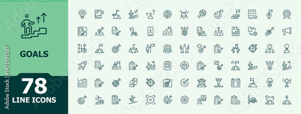 Fototapeta Goals icon set. Contains such icons as target, achieve, achievement, business, grow and more. Win icon collection. Minimal icons pack. Editable stroke.