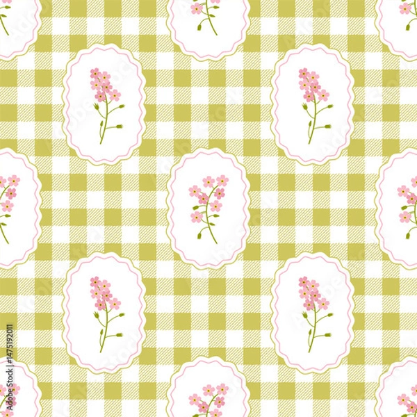 Fototapeta Coquette trellis myosotis floral seamless pattern on a checkered background. Vintage Rustic Design. Vector illustration