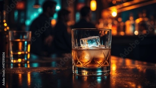 Fototapeta Cocktail zoomed in against a dark setting. The drink is brightly lit. Concentrated focus on the frosty beverage and glass. Obscured individuals in the background. Available copy space.
