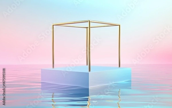 Obraz Golden frame atop pastel cube floats on serene water