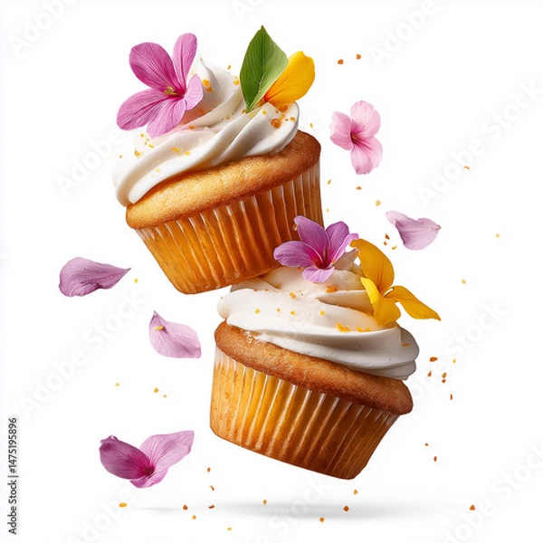 Fototapeta Vanilla cupcakes mid-drop, with frosting swirl and decorative flowers flying off
