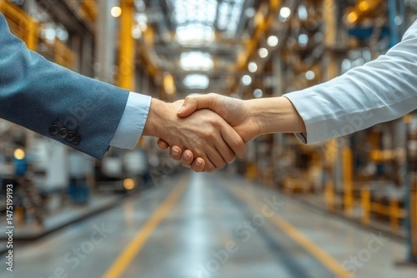 Fototapeta Two people completing a handshake in a large industrial space
