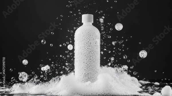 Fototapeta White plastic bottle in foam, bubbles, splash.