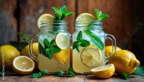 Fototapeta Two rustic mason jar glasses of lemonade resting on a vintage background