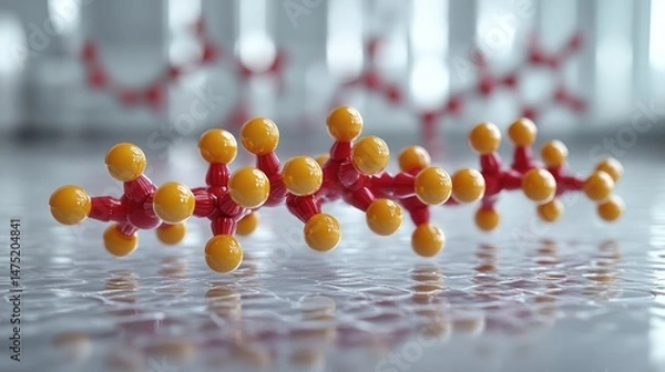 Obraz 3D model of a long-chain molecule, likely a polymer.  Red and yellow spheres represent atoms.  Blurred lab background