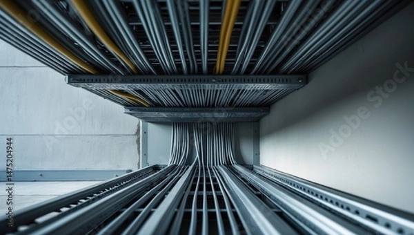 Fototapeta Electrical conductor tray installed in building walls and ceiling for efficient power distribution between panels and equipment on different floors, showcasing contemporary engineering.