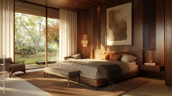 Fototapeta Cozy bedroom with wood paneling, warm, modern, sleek, intimate, inviting, serene, style of motif organic, architecture style Scandinavian, color scheme earth tones, woven bedding.