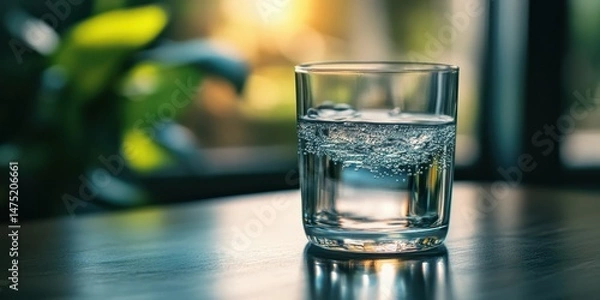 Fototapeta Sparkling water glass resting on a wooden table with blurred greenery in the background during afternoon light