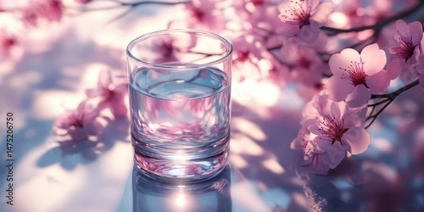 Fototapeta Clear glass filled with water surrounded by delicate cherry blossoms during springtime