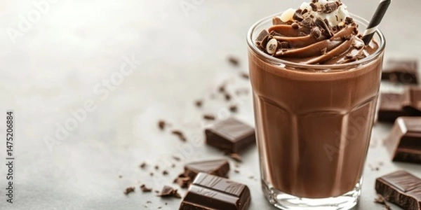 Fototapeta Indulgent chocolate milkshake topped with whipped cream and chocolate shavings on a gray surface