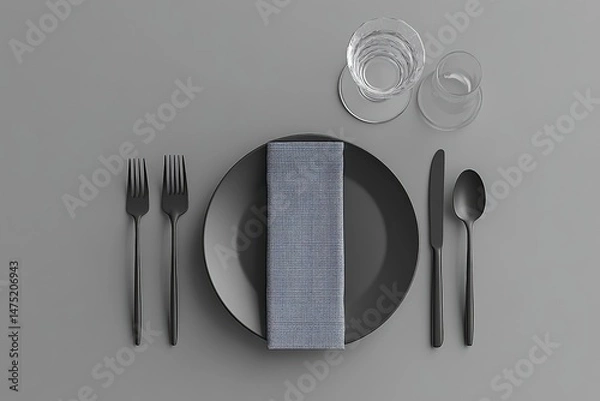 Fototapeta Minimalist table setting with black plate, silverware, and blue linen napkin