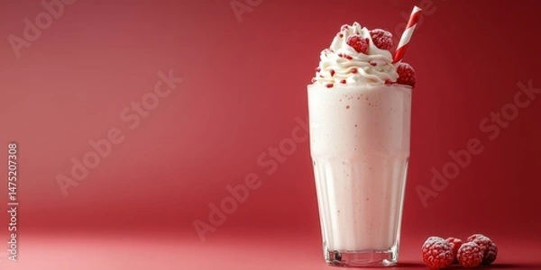 Fototapeta Delicious raspberry milkshake served in a tall glass against a vibrant red background with whipped cream and candy straw