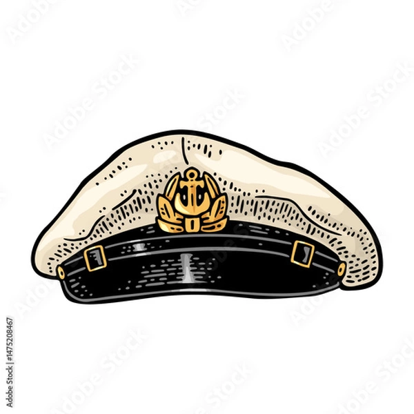 Fototapeta Captain hat. Vintage color engraving illustration. Isolated on white background. Hand drawn design element for poster