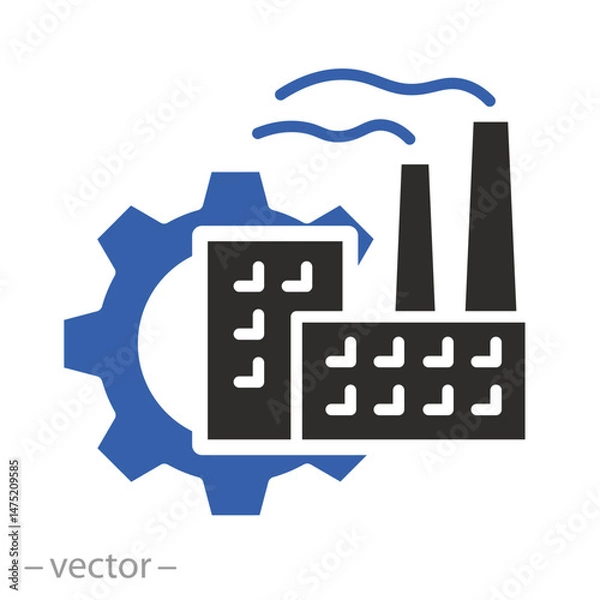 Fototapeta factory with gear, industry icon, industrial building, flat vector illustration