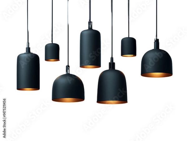 Fototapeta Multiple black pendant lamps with warm inner light illuminate a dark room, creating a stylish and modern ambiance.