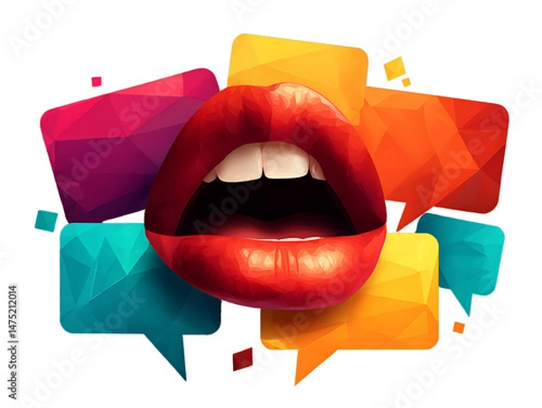 Fototapeta A vibrant illustration of a woman's lips with colorful polygonal speech bubbles, symbolizing communication and expression.