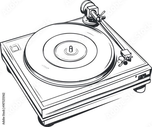 Fototapeta Black and white illustration of a vintage turntable record player with tonearm and stylus for playing vinyl records.