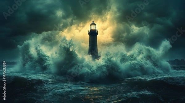 Obraz Lighthouse stands against raging waves under a stormy sky, light cutting through the gloom