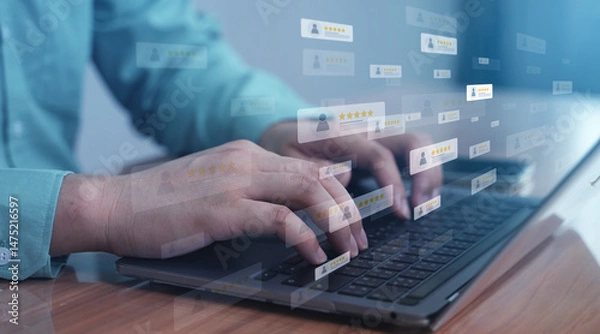 Obraz Business hands typing on laptop keyboard with floating feedback form interface — representing online survey, review system, and customer satisfaction rating.