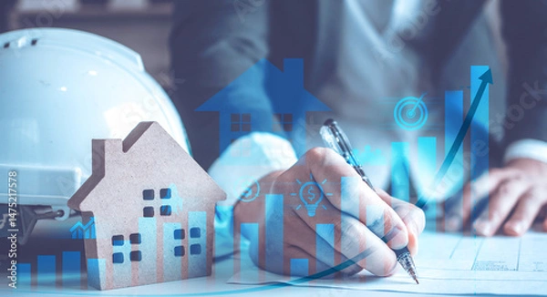 Obraz Hands analyzing property market data with holographic models of house, hard hat, and bar graphs — representing real estate technology and finance.