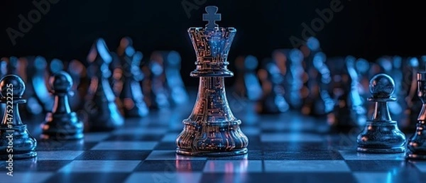 Fototapeta A single chess queen stands out on a board surrounded by other pieces in a dimly lit setting.