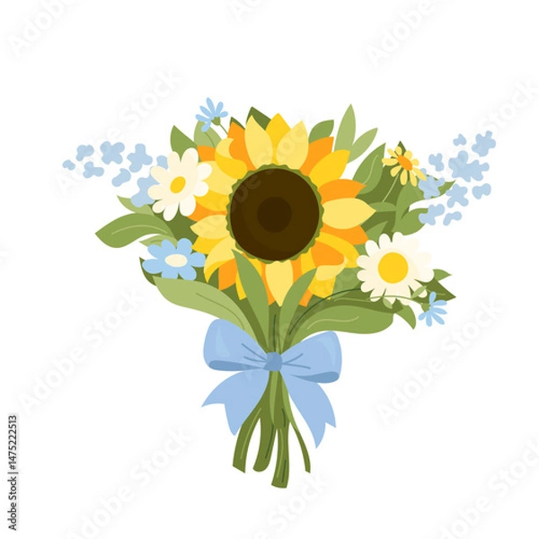 Fototapeta Hand drawn wildflower bouquet. Flat vector colorful floral composition with sunflower, daisies and meadow herbs. Decorative botanical element for cards, packaging, eco and rustic design projects