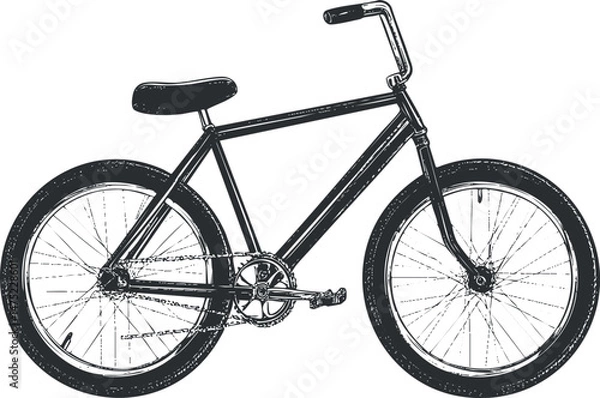 Obraz Black and white detailed illustration of a classic bicycle with two wheels and a simple frame for riding.