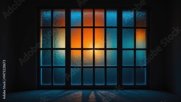 Fototapeta External light shining through a closed glass window in a darkened space.