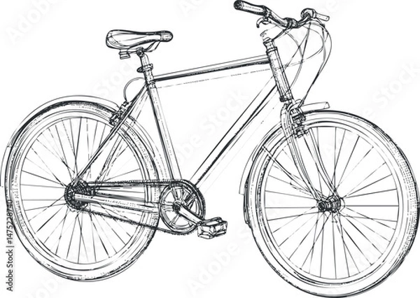 Fototapeta Detailed black and white line drawing of a bicycle showing frame, wheels, pedals, and handlebars on white background