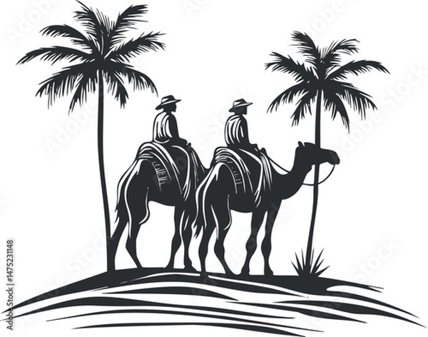 Fototapeta Black and white silhouette of two riders on camels with palm trees on a desert hill