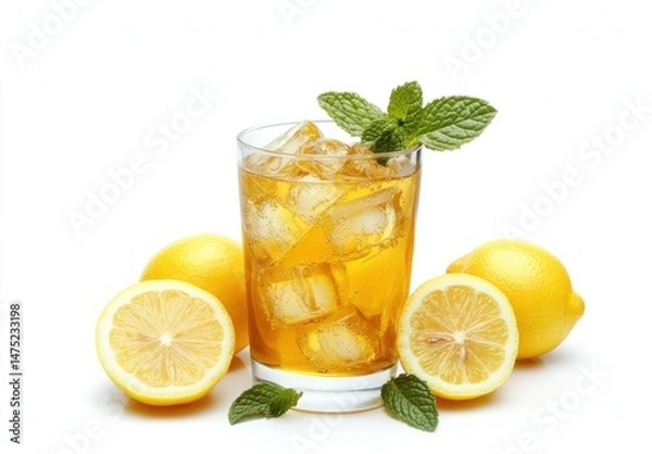 Fototapeta A Glass of Lemonade with ice cubes, mint leaves, and sliced Lemons isolated on a White background