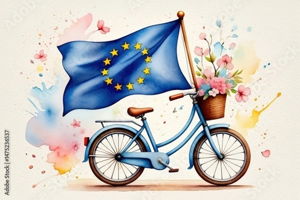 Fototapeta Bicycle with eu flag and flower basket - whimsical watercolor art. Watercolor illustration of a bicycle with flowers in its basket and a waving EU flag, suggesting peaceful movement and European lifes
